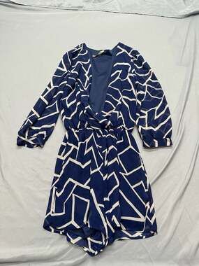 Primi Blue Abstract Geometric Print Long Sleeve V-Neck Romper Small